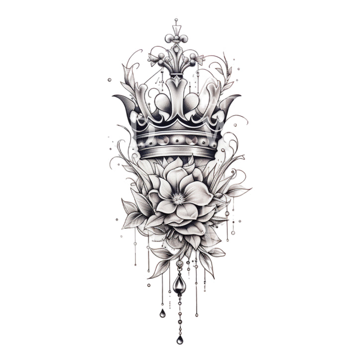 Black and Grey Crown and Flowers Tattoo Design – Tattoos Wizard Designs