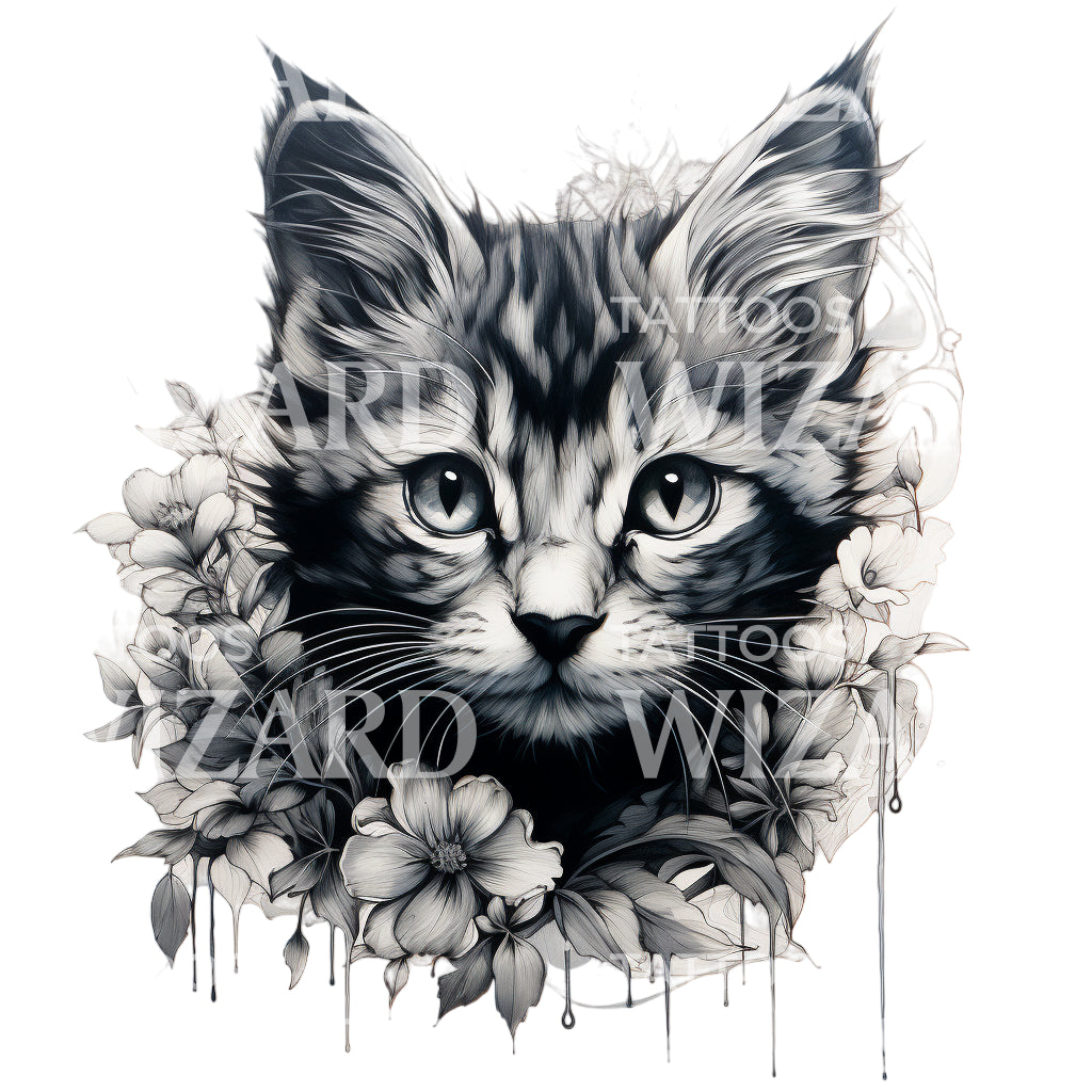 Conception de tatouage de portrait de chat noir et gris