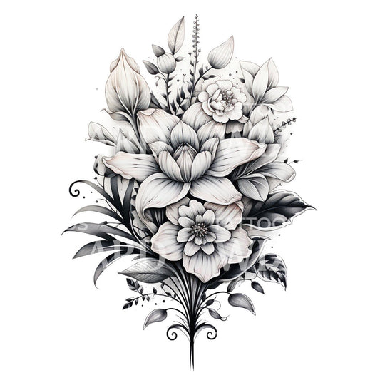 Black & Grey Flower Bouquet Tattoo Design