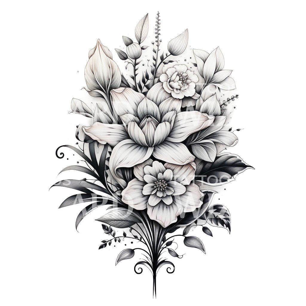 Conception de tatouage de bouquet de fleurs noir et gris