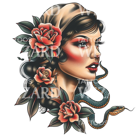 Old School Woman and Snake Tattoo Design