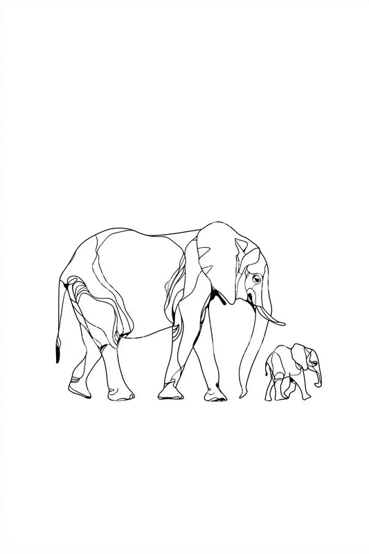 Walking Elephant Family Line Tattoo Illustration