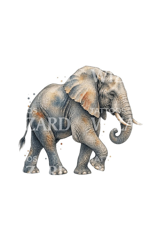 Akvarel-tatoveringsdesign med gående elefant