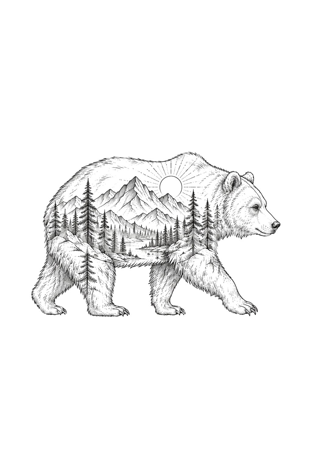 Fine-Line-Tattoo: laufender Grizzly vor Gipfeln im Morgenlicht