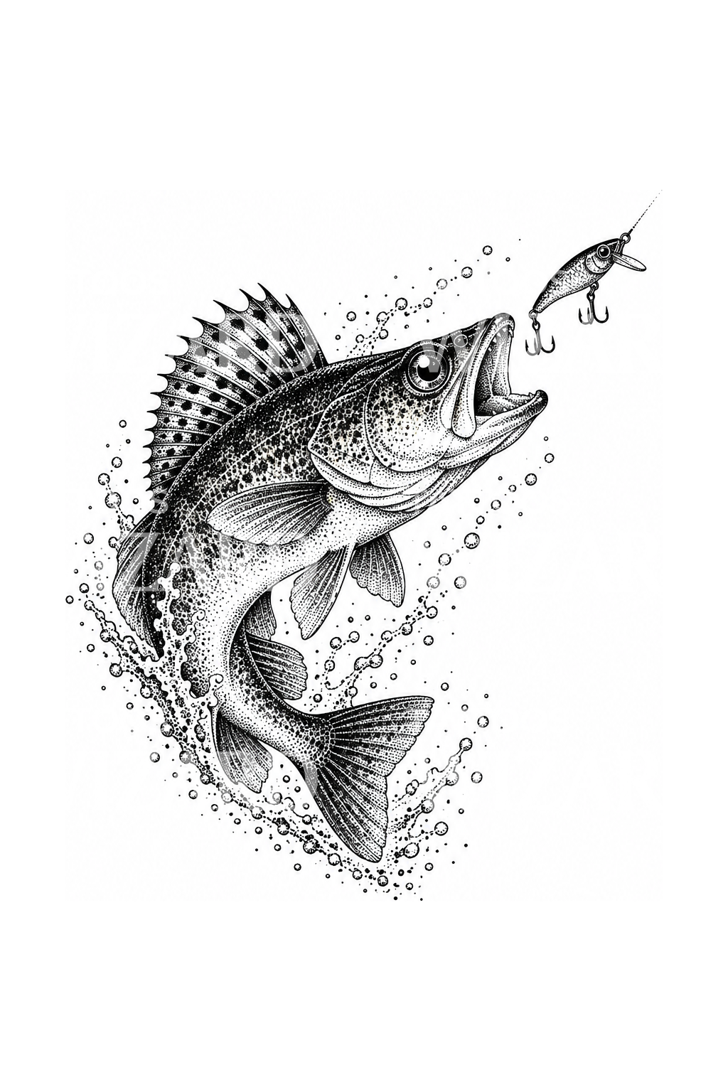 Ikan Walleye Menyambar Umpan, Desain Tato Dotwork