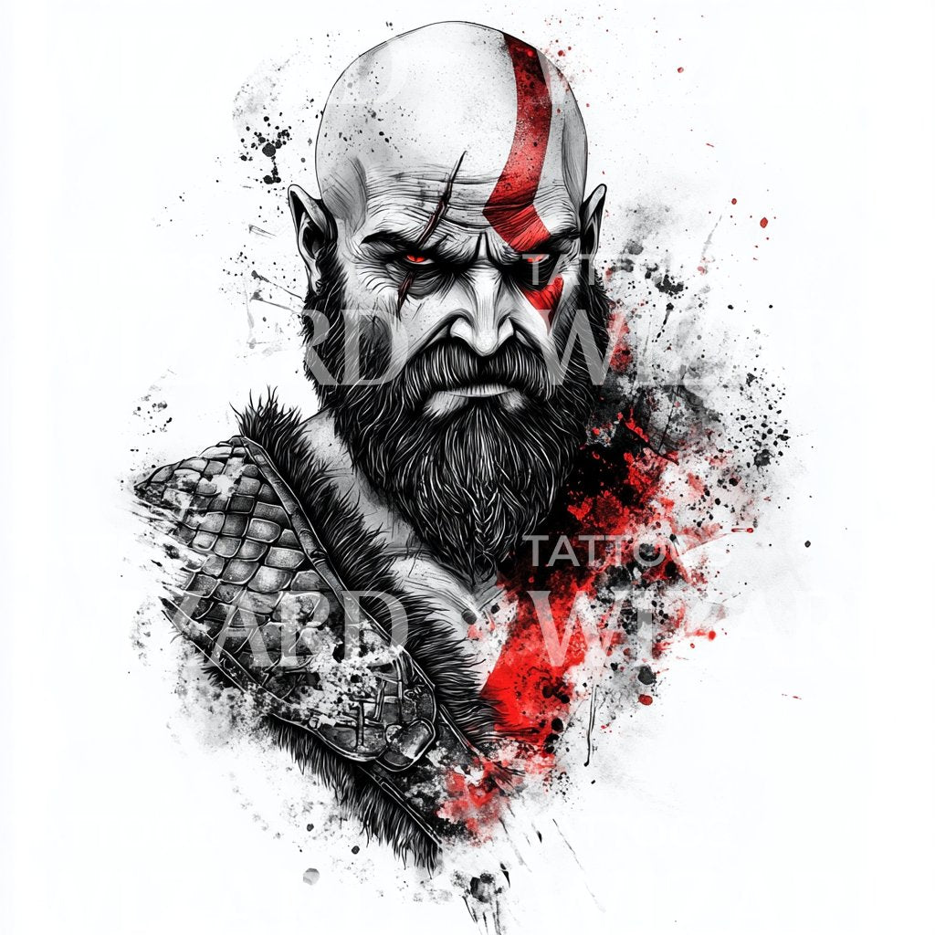 Warrior Kratos in Blood Splatter Tattoo Design