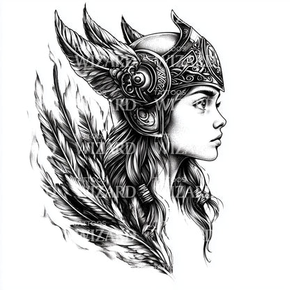 战士女武神带翅膀头盔的纹身创意