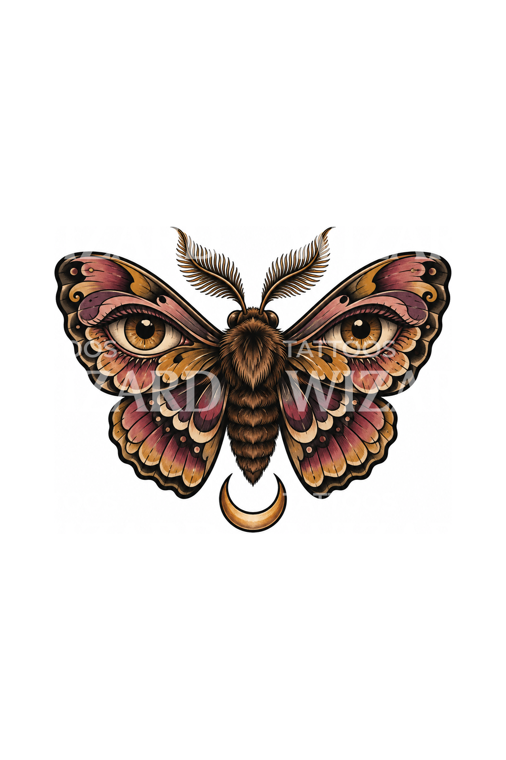 Watchful Eyes Moth and Crescent Tattoo Design