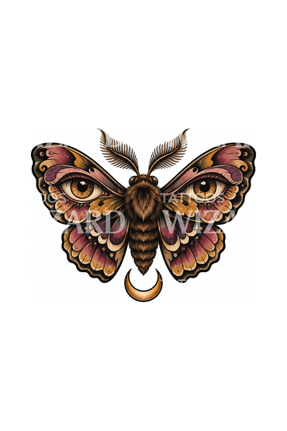 Watchful Eyes Moth and Crescent Tattoo Design