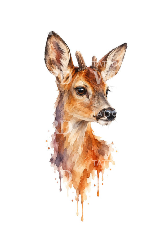 Watchful Roe Deer Portrait Tattoo Illustration
