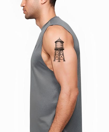 Tatueringsillustration av ett gammalt vattentorn i trä