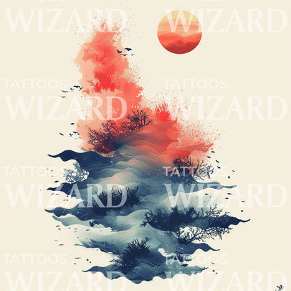 Watercolor Abstract Sunset on the Sea Tattoo Design
