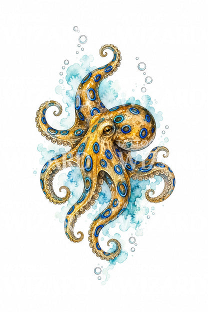 Watercolor Blue Ringed Octopus Tattoo Design