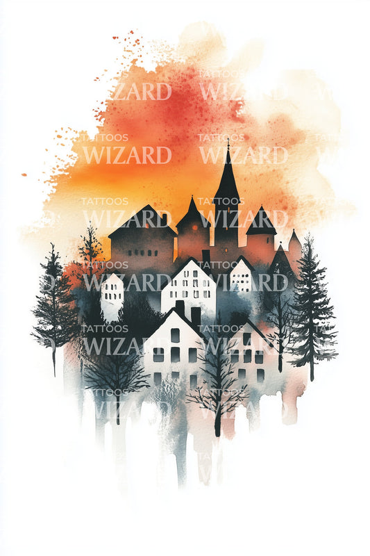 Watercolor Castle Village Tattoo Illustration