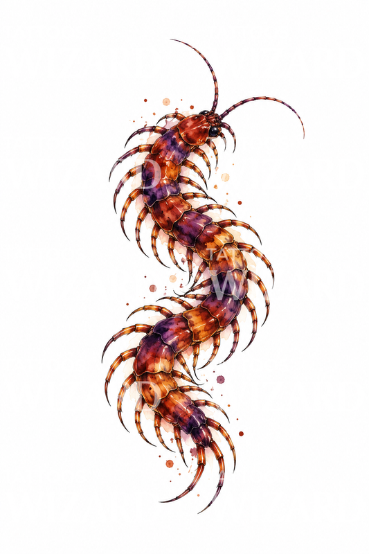 Watercolor Centipede in Rust and Violet Tattoo Idea