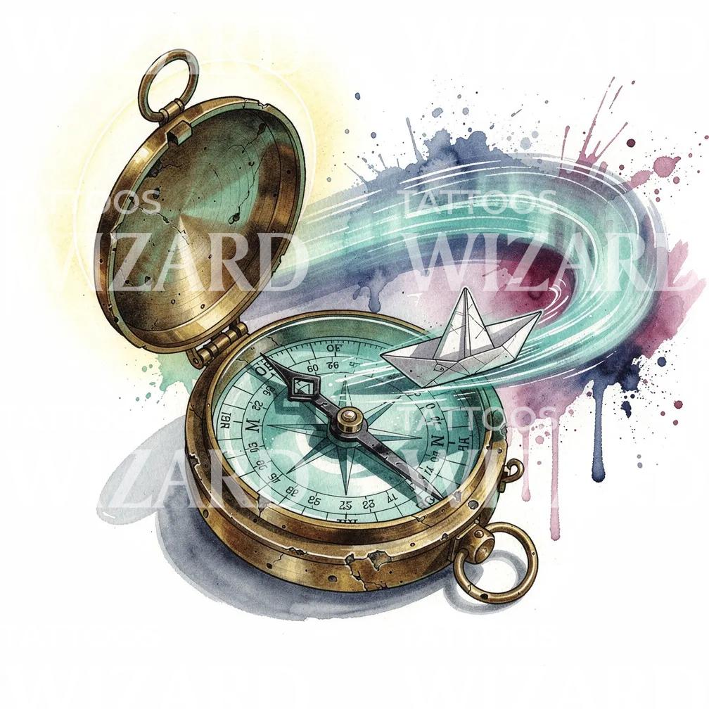 Watercolor Compass Voyage Tattoo Design
