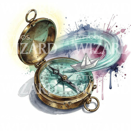 Watercolor Compass Voyage Tattoo Design