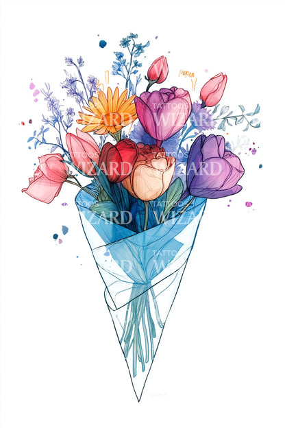 Watercolor Cone Bouquet Tattoo Design
