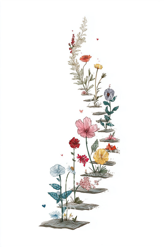 Watercolor Flower Staircase Tattoo Idea