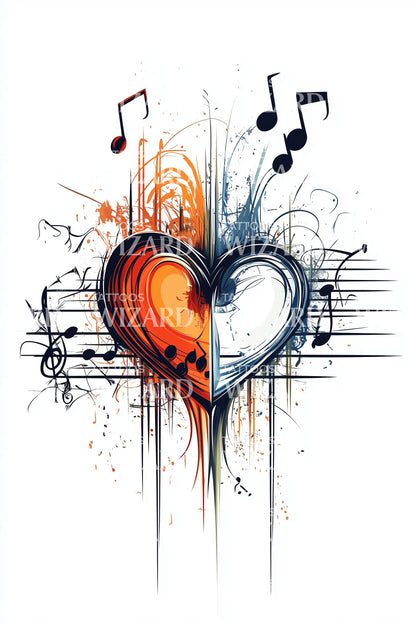 Watercolor Heart with Music Tattoo Design