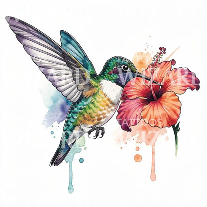 Watercolor Hummingbird and Hibiscus Tattoo Idea