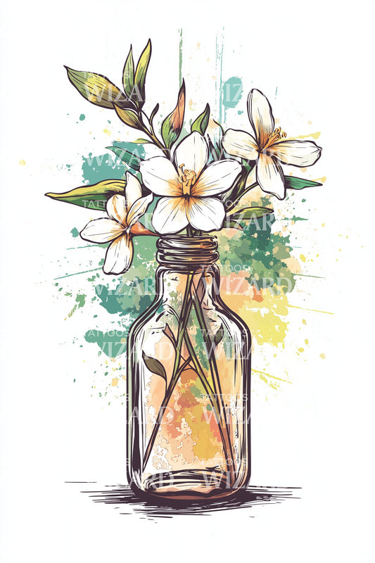 Watercolor Jasmine Bottle Tattoo Illustration