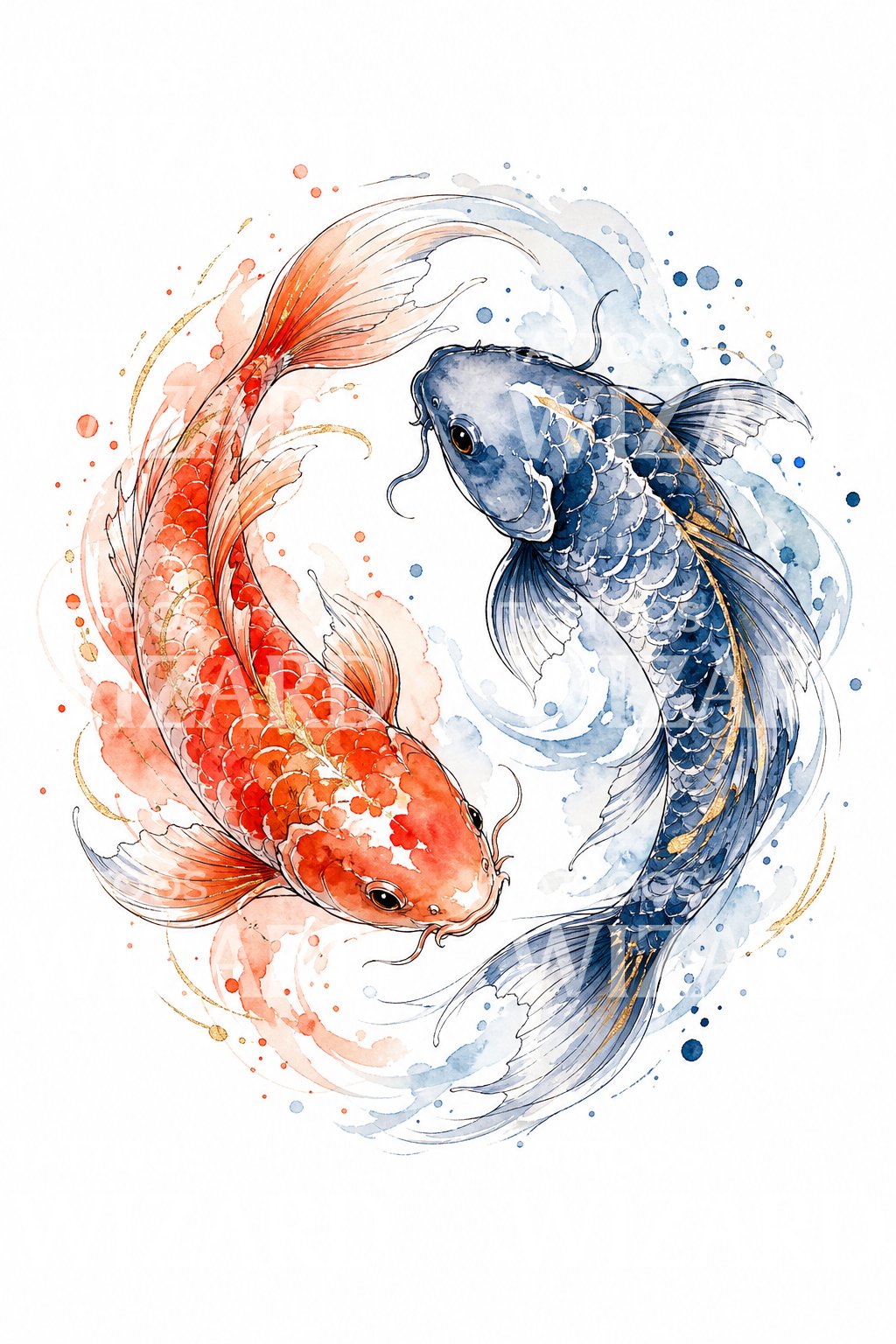 Modèle de tatouage couple de koï en aquarelle