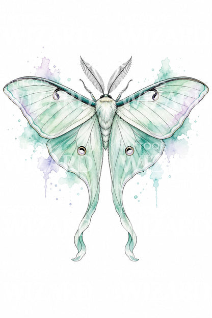 Watercolor Luna Moth Tattoo Design