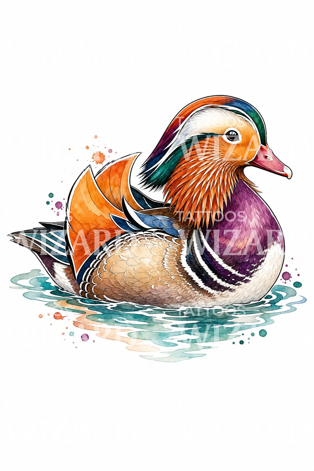 Diseño de tatuaje de pato mandarín en acuarela