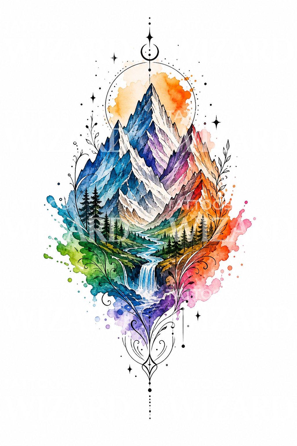 Watercolor Mountain Range Tattoo Design