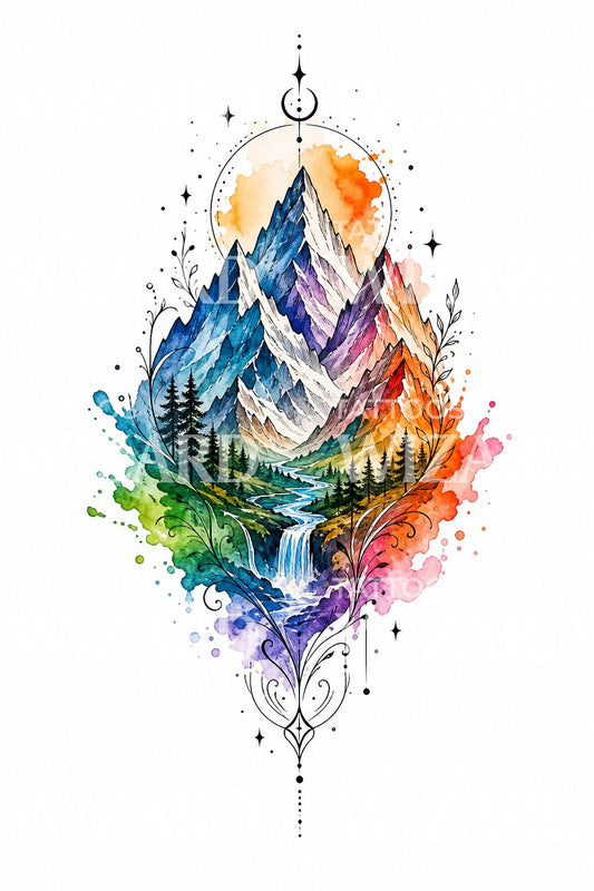 Watercolor Mountain Range Tattoo Design