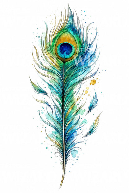 Watercolor Peacock Feather Tattoo Design