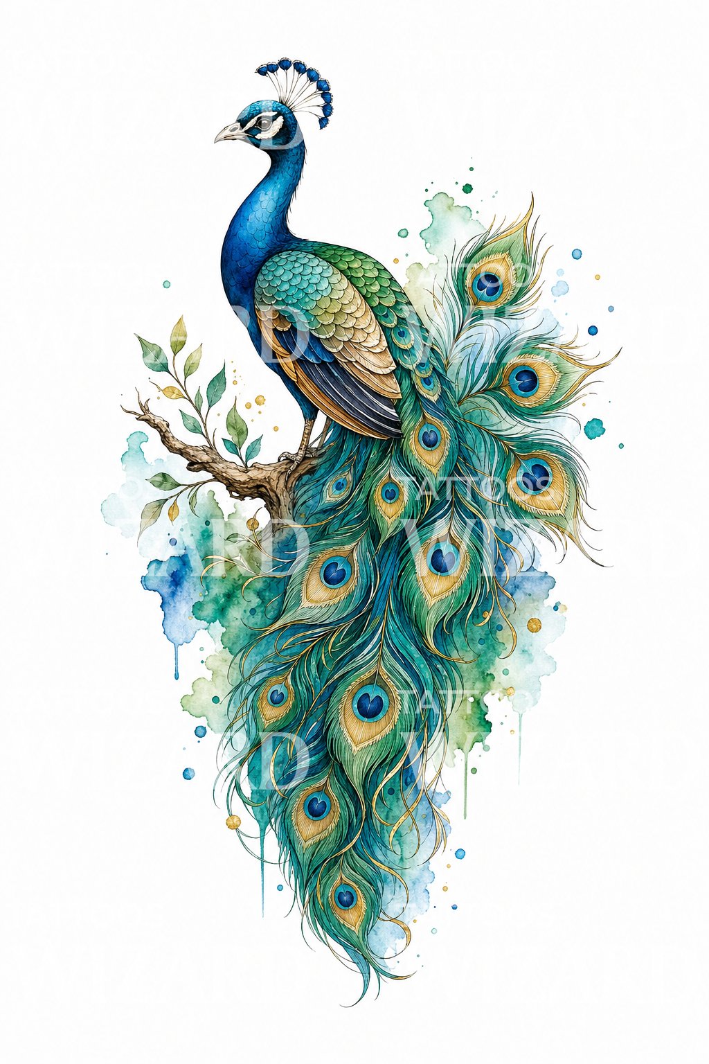 Watercolor Peacock Tattoo Design