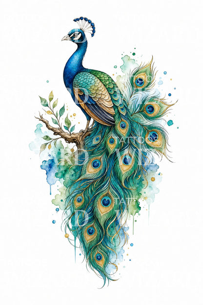 Watercolor Peacock Tattoo Design