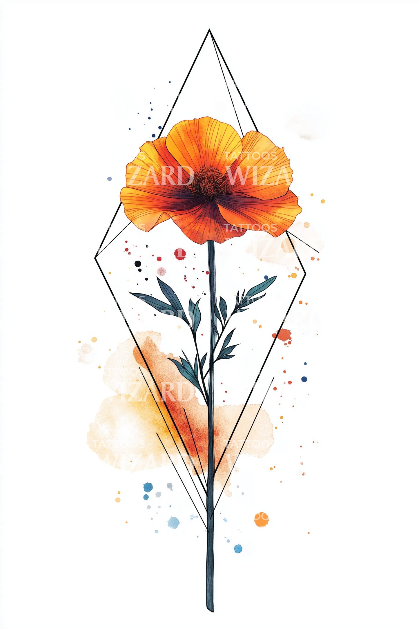 Desenho de Tatuagem de Flor de Papoula em Aquarela