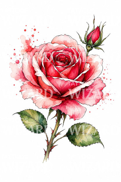 Design de tatuagem de rosa vermelha em aguarela