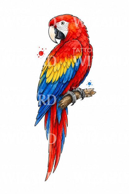 Disegno di tatuaggio acquerello con ara scarlatta