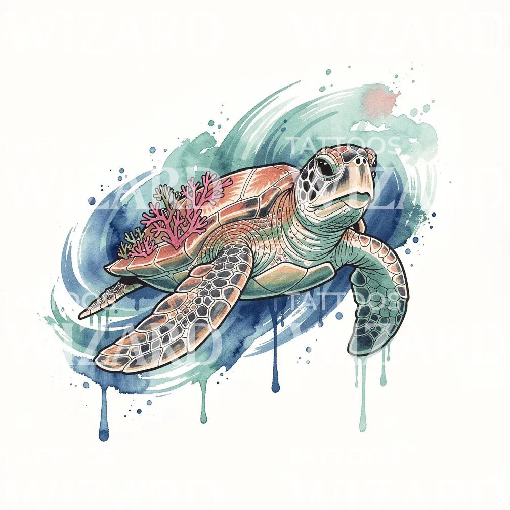 Watercolor Sea Turtle Tattoo Design