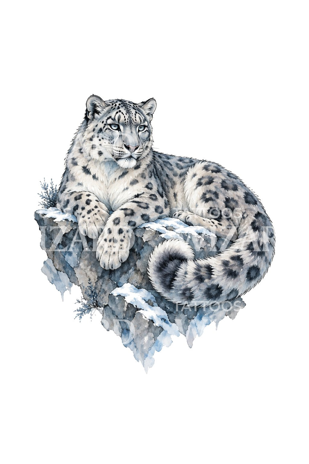 Akvarell-tatueringsillustration av snöleopard på skiffer och is