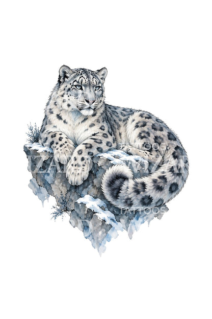 Akvarell-tatueringsillustration av snöleopard på skiffer och is