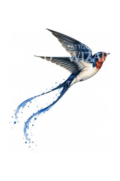 Aquarell-Tattoo mit Schwalbe und Bänderschweif