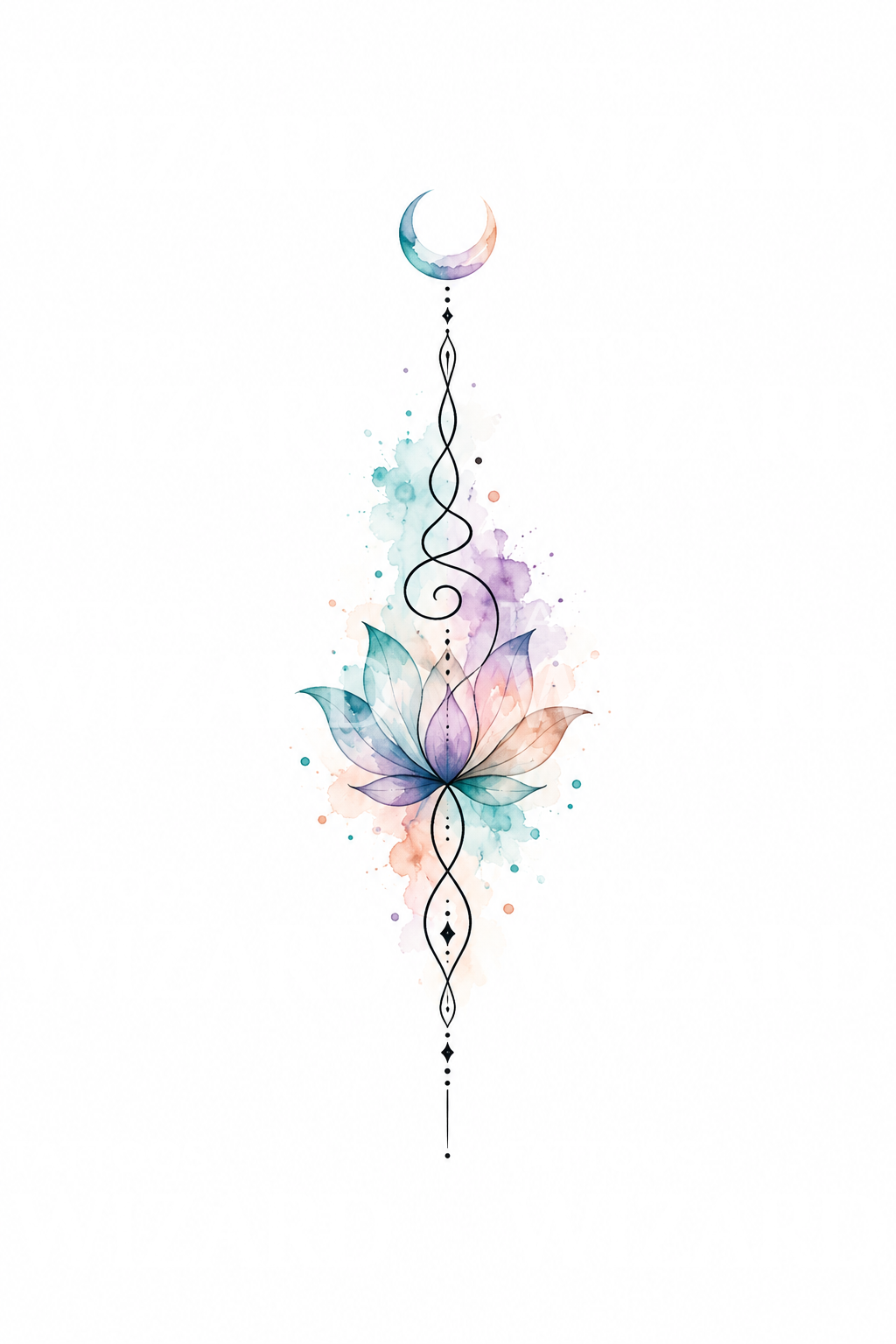 Aquarell-Unalome mit Lotus und Mond als Tattoo-Idee