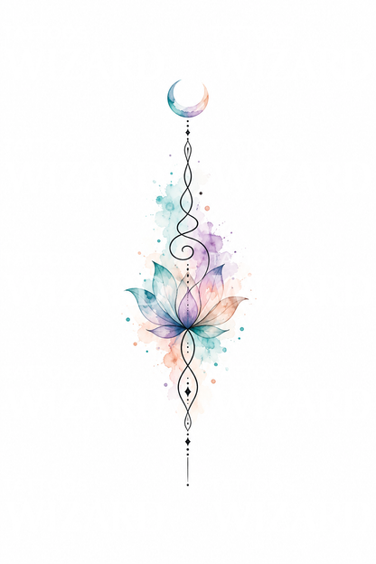 Aquarell-Unalome mit Lotus und Mond als Tattoo-Idee