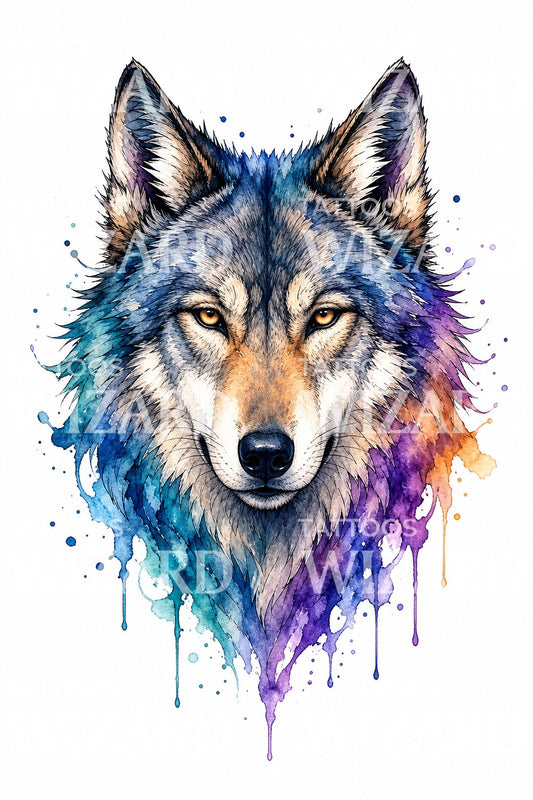Design de tatuagem de cabeça de lobo em aguarela