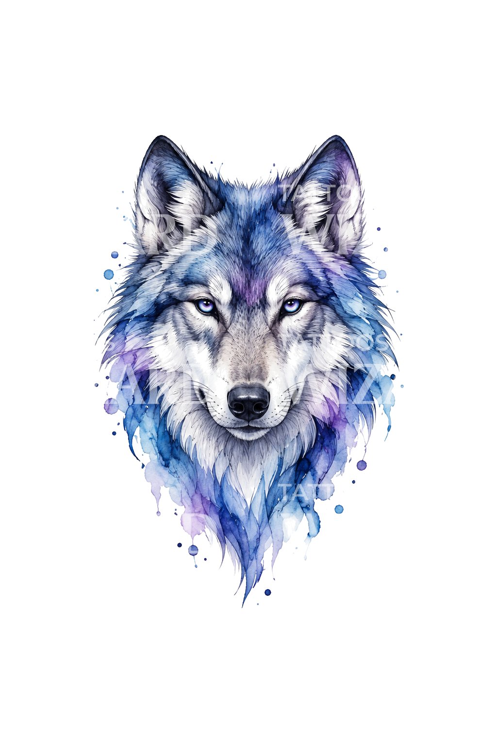 Aquarell-Wolfsporträt mit Splash-Tattoo-Design