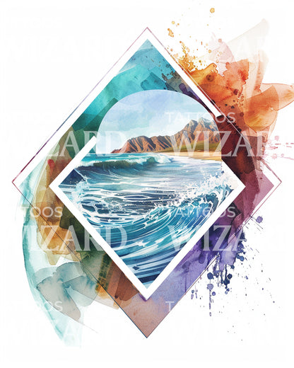 Wave Beach Geometric Landscape Tattoo Design