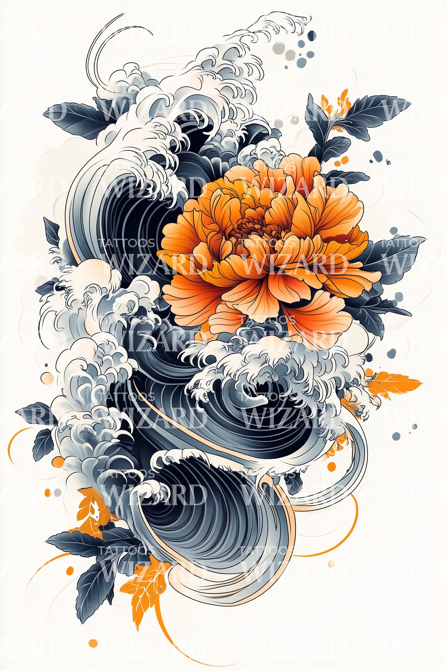 Wave Crest Peony Tattoo Design