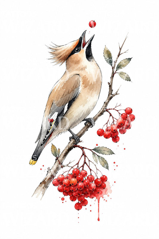 Waxwing Catching a Rowan Berry Tattoo Design