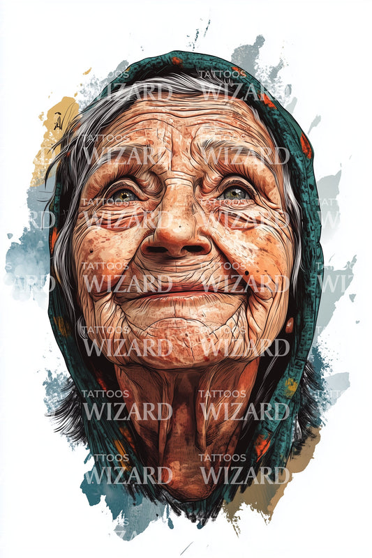 Weathered Elder Portrait Tattoo Illustration