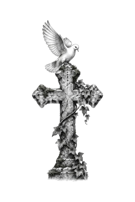 Weathered Ivy Cross Black and Grey Tattoo Illustration